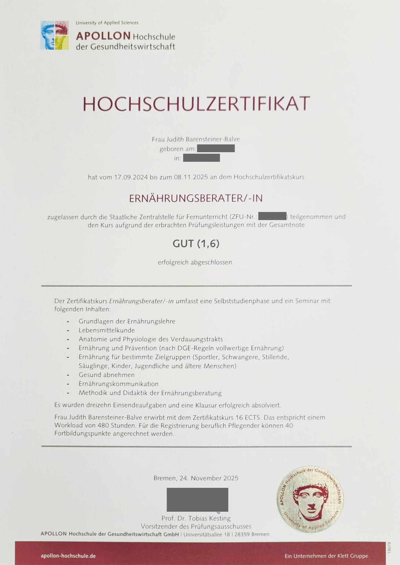 Hochschulzertifikat Ernährungsberatung
